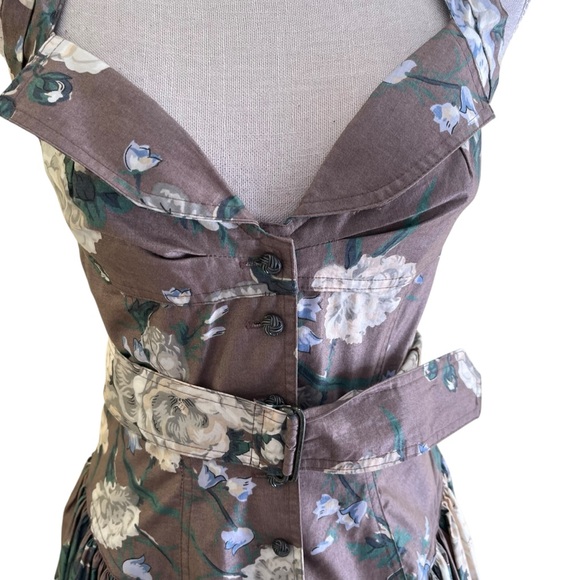Rhonda Harness Foxy Lady Vintage Taupe/White Floral Cotton Halter Dress 8 - Picture 4 of 17